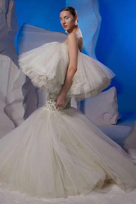 Samant Chauhan_Off White Net Embroidery Bandeau Neck Ruffled Strapless Gown _at_Aza_Fashions