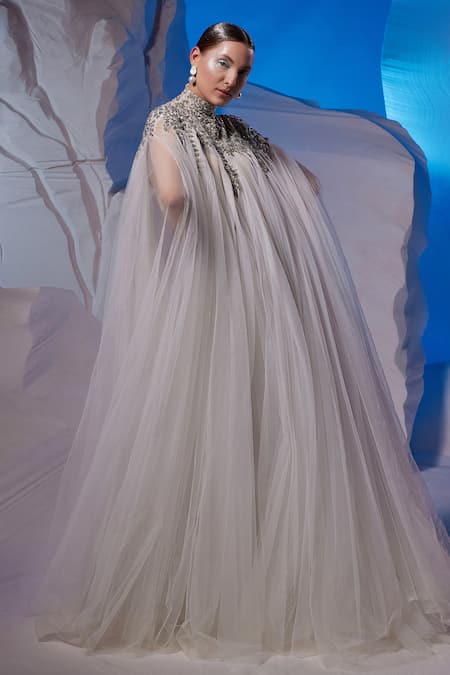 Samant Chauhan Off White Net, Cotton Embroidery, Sequins, Stones High Neck Kaftan Gown Online at Aza Fashions Samant Chauhan_Off White Net, Cotton Embroidery, Sequins, Stones High Neck Kaftan Gown _Online_at_Aza_Fashions