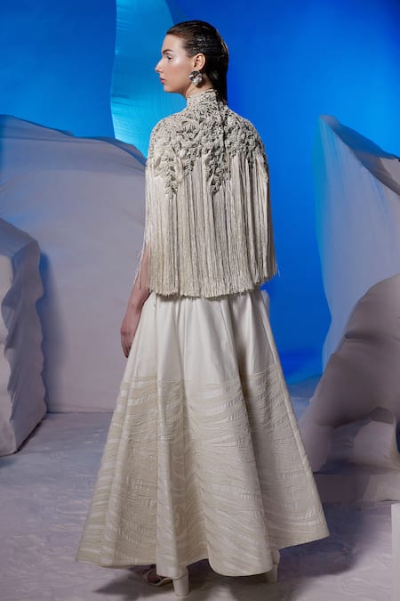 Samant Chauhan Fringe Embroidered High Neck Top & Skirt Set 