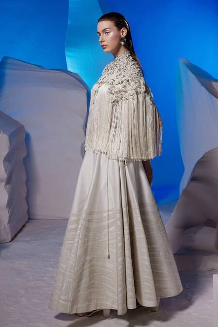 Samant Chauhan_Ivory Cotton, Silk Embroidery, Fringe High Neck Top And Skirt Set _Online_at_Aza_Fashions