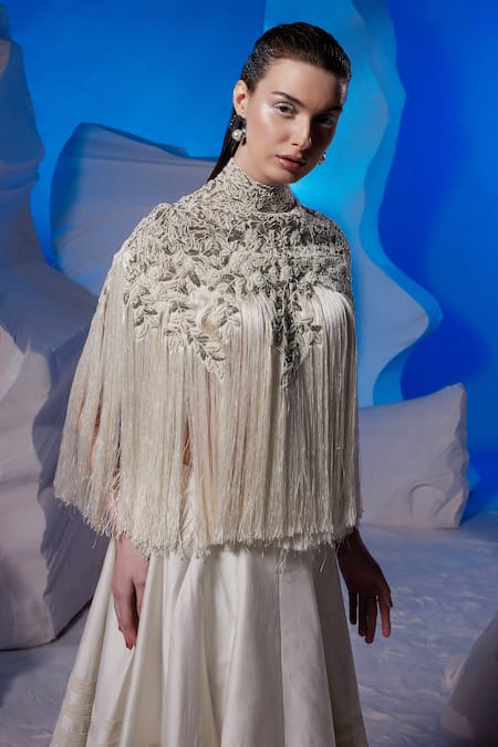 Buy_Samant Chauhan_Ivory Cotton, Silk Embroidery, Fringe High Neck Top And Skirt Set _Online_at_Aza_Fashions