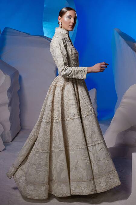 Samant Chauhan Ivory Linen, Silk, Cotton Embroidery Collared, V-neck Full Sleeve Gown Online at Aza Fashions Samant Chauhan_Ivory Linen, Silk, Cotton Embroidery Collared, V-neck Full Sleeve Gown _Online_at_Aza_Fashions
