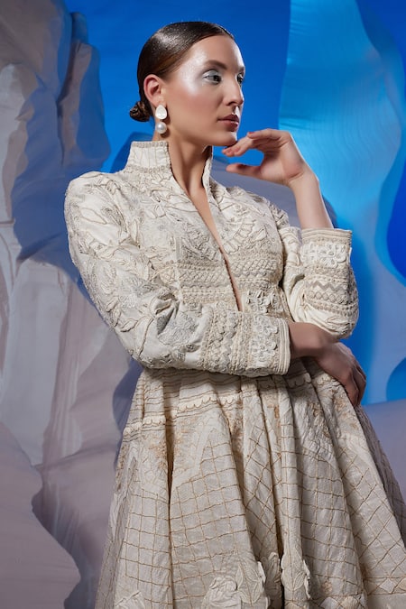 Buy Samant Chauhan Ivory Linen, Silk, Cotton Embroidery Collared, V-neck Full Sleeve Gown Online at Aza Fashions Buy_Samant Chauhan_Ivory Linen, Silk, Cotton Embroidery Collared, V-neck Full Sleeve Gown _Online_at_Aza_Fashions