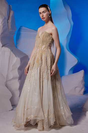 Samant Chauhan_Ivory Organza, Silk, Cotton Sequins, Embroidery Sweetheart Textured Tube Gown _Online_at_Aza_Fashions