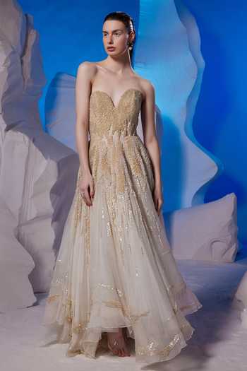 Buy_Samant Chauhan_Ivory Organza, Silk, Cotton Sequins, Embroidery Sweetheart Textured Tube Gown _Online_at_Aza_Fashions