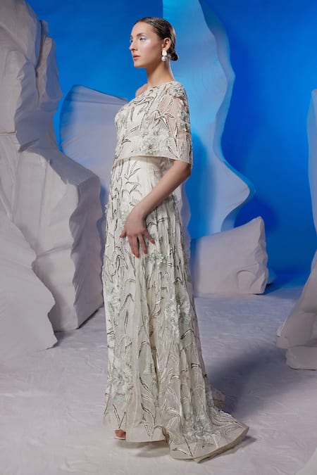 Samant Chauhan_Ivory Organza, Silk, Cotton Embroidery One Shoulder Floral Gown _Online_at_Aza_Fashions