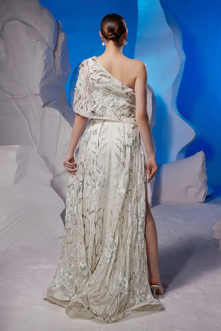 Samant Chauhan Floral Embroidered One-Shoulder Gown 