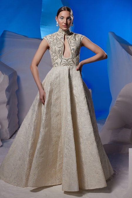 Samant Chauhan Embroidered High Neck Cutout Gown 
