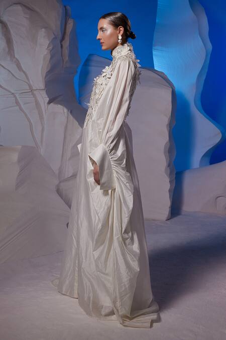 Samant Chauhan Ivory Cotton, Silk Embroidery, Fabric Flowers High Neck, Mandarin Floral Kaftan Online at Aza Fashions Samant Chauhan_Ivory Cotton, Silk Embroidery, Fabric Flowers High Neck, Mandarin Floral Kaftan _Online_at_Aza_Fashions