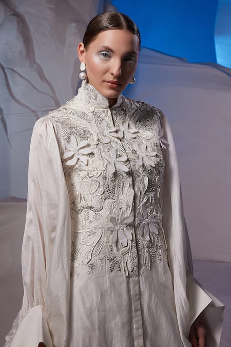 Buy Samant Chauhan Ivory Cotton, Silk Embroidery, Fabric Flowers High Neck, Mandarin Floral Kaftan Online at Aza Fashions Buy_Samant Chauhan_Ivory Cotton, Silk Embroidery, Fabric Flowers High Neck, Mandarin Floral Kaftan _Online_at_Aza_Fashions