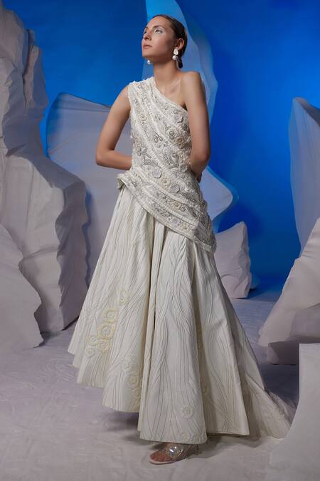Samant Chauhan_Ivory Cotton, Silk Beads, Sequins, Embroidery One Shoulder Gown _Online_at_Aza_Fashions