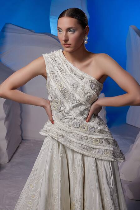 Buy_Samant Chauhan_Ivory Cotton, Silk Beads, Sequins, Embroidery One Shoulder Gown _Online_at_Aza_Fashions