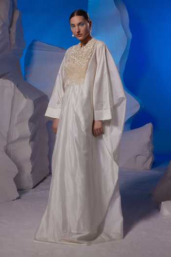 Samant Chauhan_Ivory Cotton, Silk Sequins, Beads V-neck Embellished Kaftan _Online_at_Aza_Fashions