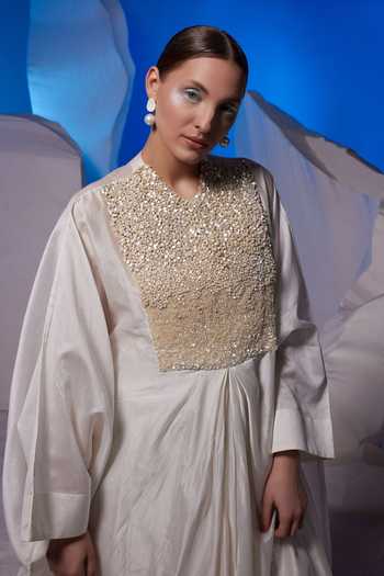 Buy_Samant Chauhan_Ivory Cotton, Silk Sequins, Beads V-neck Embellished Kaftan _Online_at_Aza_Fashions