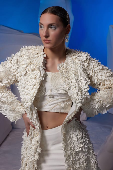 Samant Chauhan Ivory Cotton, Silk Applique, Fabric Textured Jacket Top And Short Skirt Set Online at Aza Fashions Samant Chauhan_Ivory Cotton, Silk Applique, Fabric Textured Jacket Top And Short Skirt Set _Online_at_Aza_Fashions