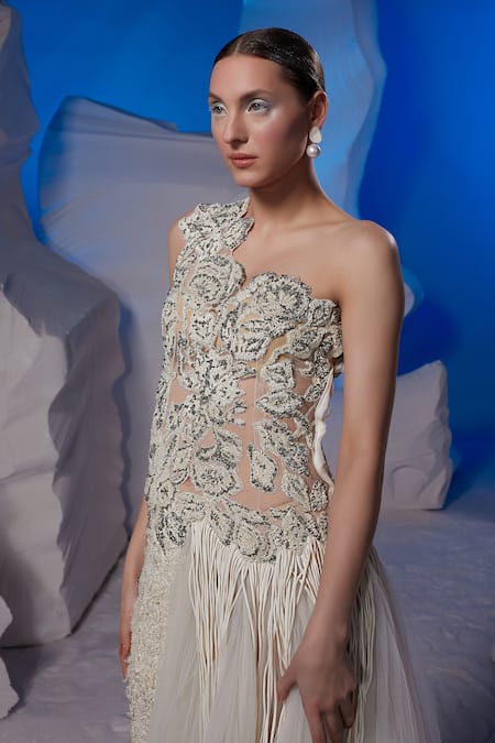 Samant Chauhan_Ivory Cotton, Silk Embroidery, Sequins, Stones, Fringe One Shoulder Gown _Online_at_Aza_Fashions