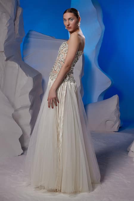 Buy_Samant Chauhan_Ivory Cotton, Silk Embroidery, Sequins, Stones, Fringe One Shoulder Gown _Online_at_Aza_Fashions