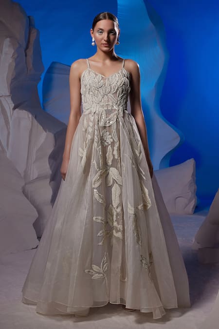 Samant Chauhan Leaf Embroidered Strap Gown 