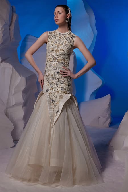 Samant Chauhan_Ivory Cotton, Silk, Net Embroidery Round Neck Fish-cut Gown _Online_at_Aza_Fashions