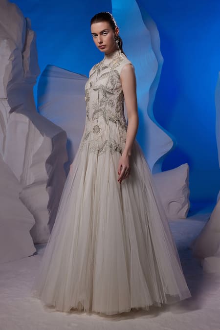 Buy Samant Chauhan Ivory Cotton, Net Sequins, Beads, Fabric Flowers Embroidered Sleeveless Gown Online at Aza Fashions Buy_Samant Chauhan_Ivory Cotton, Net Sequins, Beads, Fabric Flowers Embroidered Sleeveless Gown _Online_at_Aza_Fashions