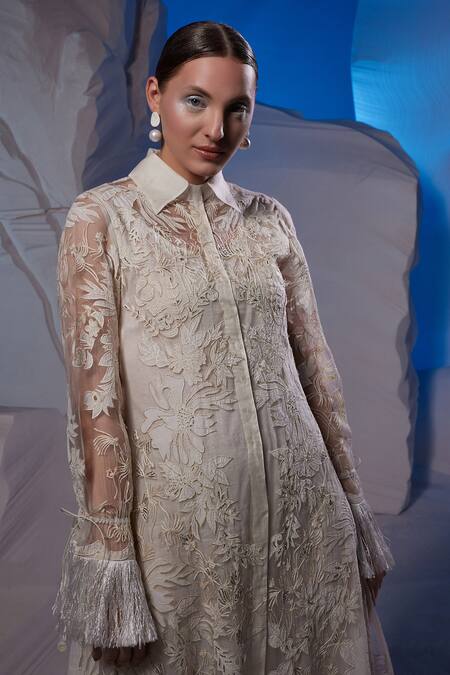 Buy_Samant Chauhan_Ivory Cotton, Organza Embroidery, Tassels Collared Floral Kurta _Online_at_Aza_Fashions