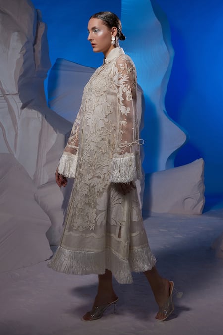 Shop_Samant Chauhan_Ivory Cotton, Organza Embroidery, Tassels Collared Floral Kurta _Online_at_Aza_Fashions