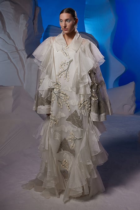 Samant Chauhan Ivory Cotton, Organza Embroidery V-neck, Collared Ruffled Silk Gown Online at Aza Fashions Samant Chauhan_Ivory Cotton, Organza Embroidery V-neck, Collared Ruffled Silk Gown _Online_at_Aza_Fashions