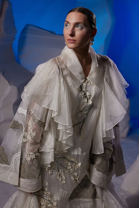 Buy Samant Chauhan Ivory Cotton, Organza Embroidery V-neck, Collared Ruffled Silk Gown Online at Aza Fashions Buy_Samant Chauhan_Ivory Cotton, Organza Embroidery V-neck, Collared Ruffled Silk Gown _Online_at_Aza_Fashions