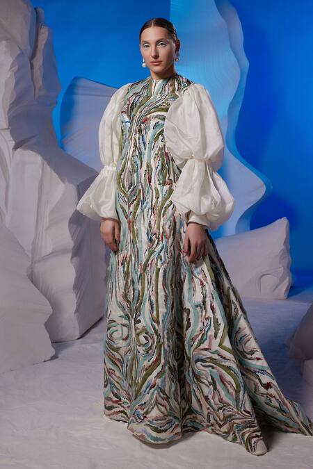 Samant Chauhan Ivory Cotton, Silk, Organza Embroidery High Neck Abstract Puff Sleeve Gown Online at Aza Fashions Samant Chauhan_Ivory Cotton, Silk, Organza Embroidery High Neck Abstract Puff Sleeve Gown _Online_at_Aza_Fashions