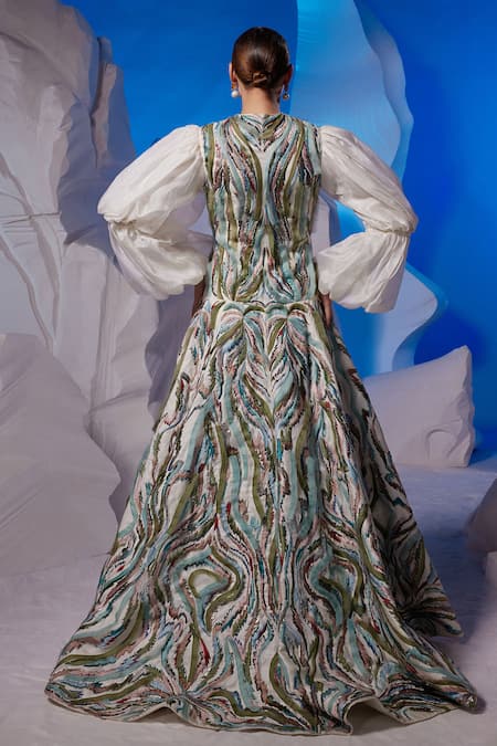 Samant Chauhan Abstract Embroidered Puff Sleeve Gown 