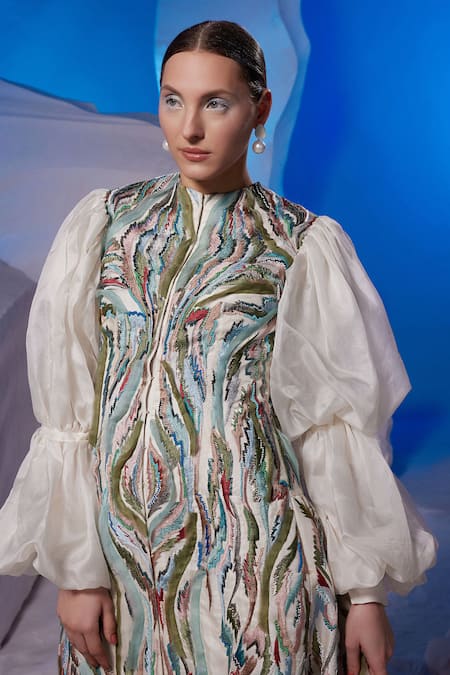 Buy Samant Chauhan Ivory Cotton, Silk, Organza Embroidery High Neck Abstract Puff Sleeve Gown Online at Aza Fashions Buy_Samant Chauhan_Ivory Cotton, Silk, Organza Embroidery High Neck Abstract Puff Sleeve Gown _Online_at_Aza_Fashions