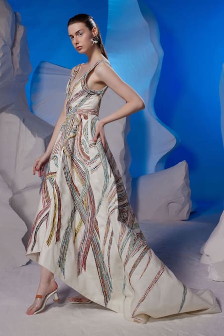 Samant Chauhan_Off White Cotton, Silk Embroidery V-neck Abstract Thread Gown _Online_at_Aza_Fashions