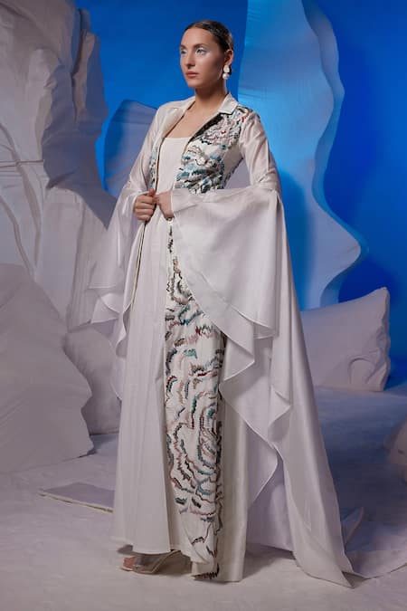 Samant Chauhan_Ivory , Satin, Silk Embroidery, Metallic Thread Square Maxi Dress _Online_at_Aza_Fashions