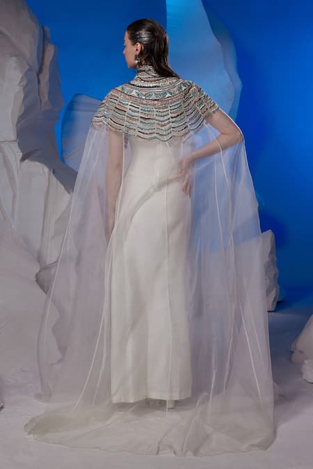 Samant Chauhan Embroidered Maxi Dress With Organza Cape 