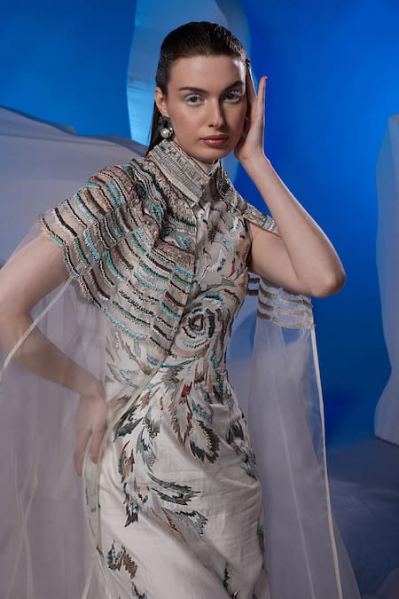 Buy Samant Chauhan Ivory Organza, Cotton, Silk Beads, Embroidery High Neck, Maxi Dress With Cape Online at Aza Fashions Buy_Samant Chauhan_Ivory Organza, Cotton, Silk Beads, Embroidery High Neck, Maxi Dress With Cape _Online_at_Aza_Fashions