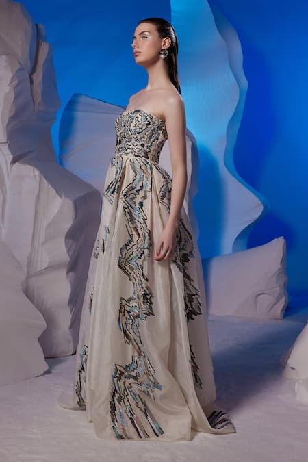 Samant Chauhan_Ivory Cotton, Silk Embroidery Bandeau Neck, Off-shoulder Gown _Online_at_Aza_Fashions