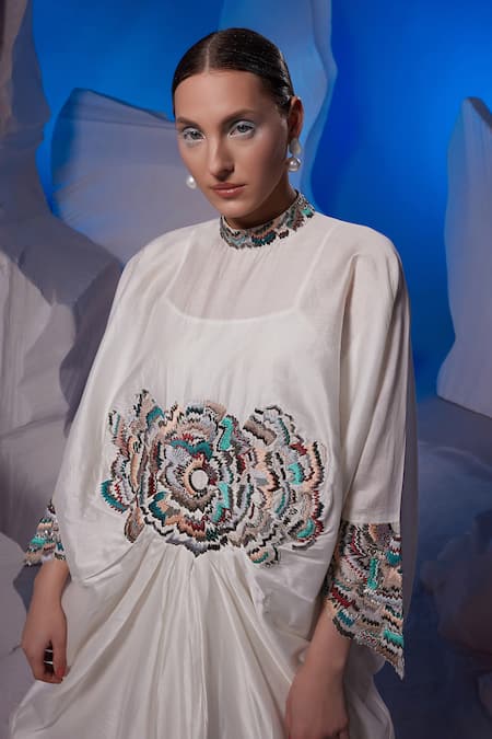 Buy Samant Chauhan Ivory Cotton, Silk Embroidery High Neck Cowl Maxi Dress Online at Aza Fashions Buy_Samant Chauhan_Ivory Cotton, Silk Embroidery High Neck Cowl Maxi Dress _Online_at_Aza_Fashions