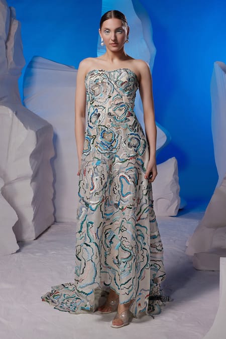 Samant Chauhan Abstract Embroidered Off-Shoulder Gown  