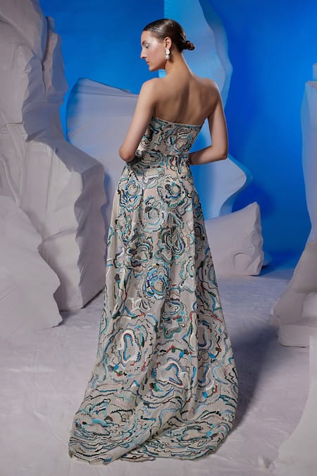 Samant Chauhan Abstract Embroidered Off-Shoulder Gown  