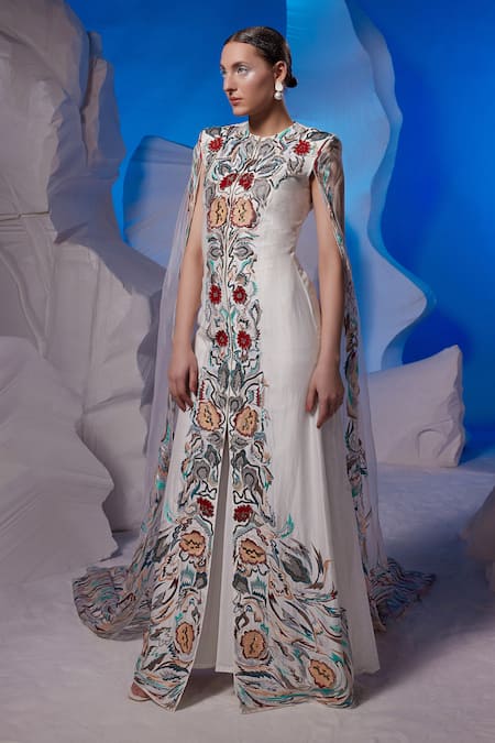 Samant Chauhan_Ivory Cotton, Silk Embroidery Round Neck Front Slit Maxi Dress _Online_at_Aza_Fashions