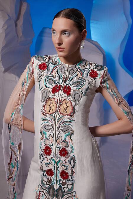 Buy_Samant Chauhan_Ivory Cotton, Silk Embroidery Round Neck Front Slit Maxi Dress _Online_at_Aza_Fashions