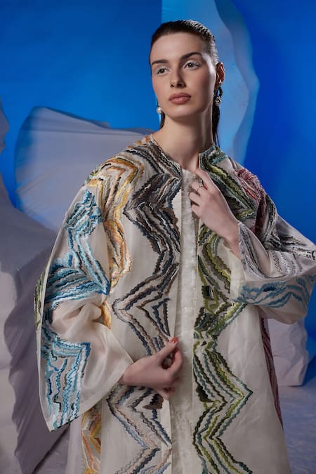 Buy_Samant Chauhan_Ivory Cotton, Silk, Organza Embroidery Round Geometric Midi Dress And Jacket Set _Online_at_Aza_Fashions