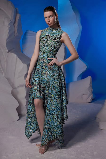 Samant Chauhan_Green Organza, Silk High Neck Abstract Pattern Asymmetric Dress _Online_at_Aza_Fashions
