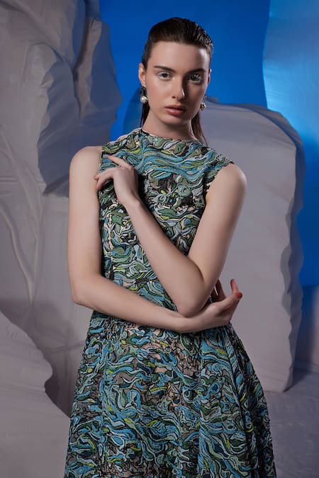 Buy_Samant Chauhan_Green Organza, Silk High Neck Abstract Pattern Asymmetric Dress _Online_at_Aza_Fashions