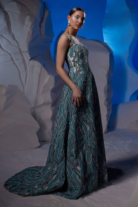 Samant Chauhan Green Cotton, Silk Sweetheart Neck Abstract Wavy Pattern Gown Online at Aza Fashions Samant Chauhan_Green Cotton, Silk Sweetheart Neck Abstract Wavy Pattern Gown _Online_at_Aza_Fashions