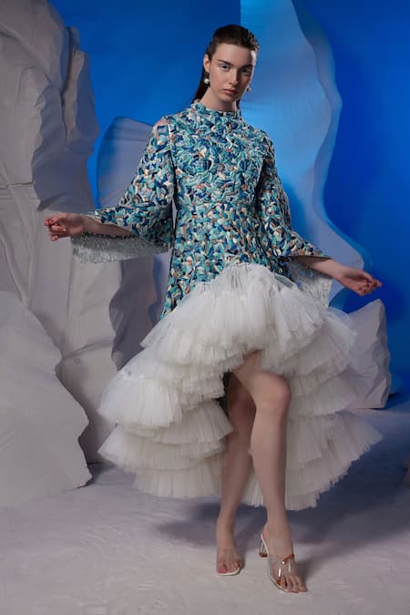 Samant Chauhan Embroidered Cold Shoulder Ruffle Short Dress 