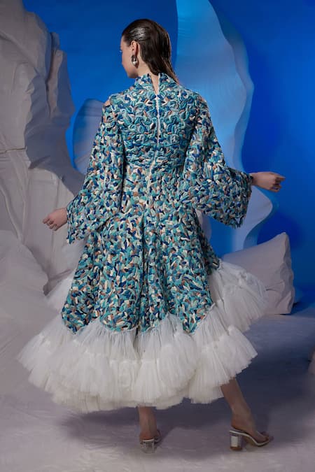 Samant Chauhan Embroidered Cold Shoulder Ruffle Short Dress 