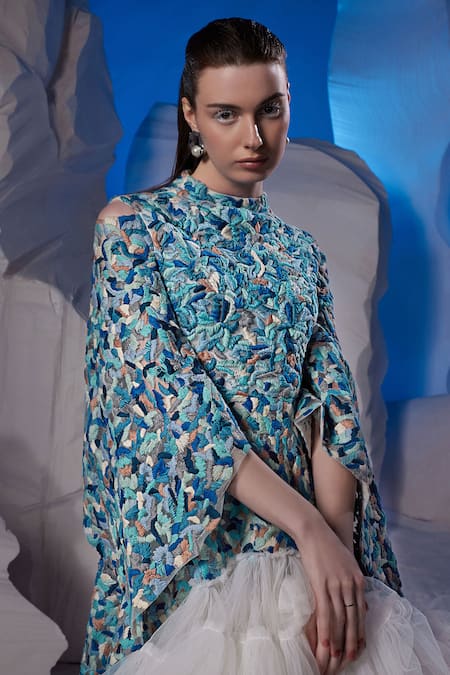 Buy_Samant Chauhan_Blue Cotton, Silk Embroidery High Neck Cold Shoulder Ruffle Short Dress _Online_at_Aza_Fashions