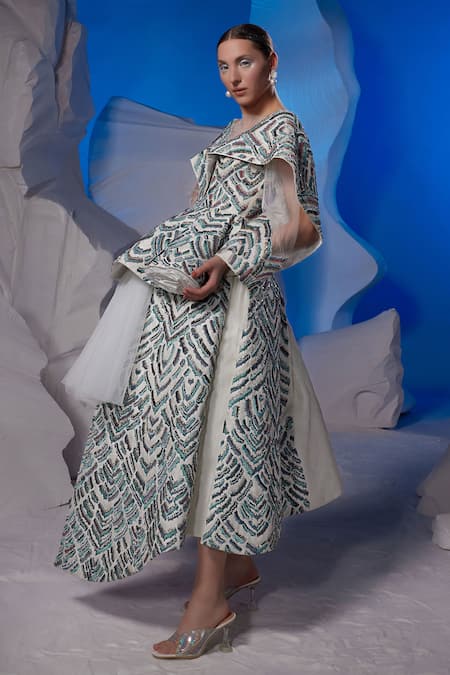 Samant Chauhan_Off White Cotton, Silk, Net Sequins, Beads, Geometric Pattern Short Dress _Online_at_Aza_Fashions