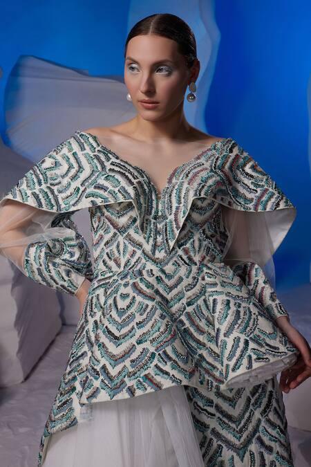 Buy_Samant Chauhan_Off White Cotton, Silk, Net Sequins, Beads, Geometric Pattern Short Dress _Online_at_Aza_Fashions